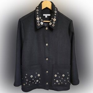 Chicos Women’s Sz 14 Black Wool Blend Lined Embellish Adornments Lined Jacket